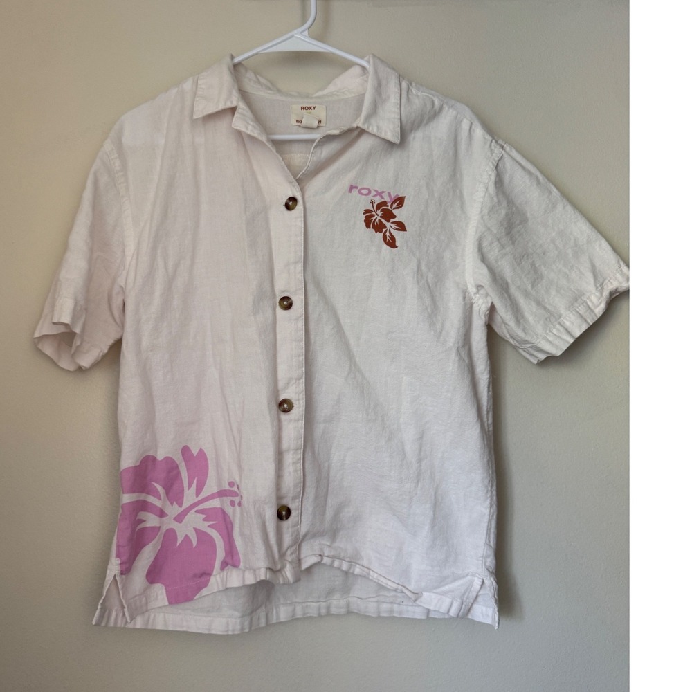 Roxy Kate Bosworth White Hibiscus Linen Blend Short Sleeve Button Down Shirt XS